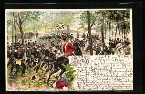 Lithographie Das 60 u. 67. Regiment in der Schlacht bei Gravelot (St. Hubert)