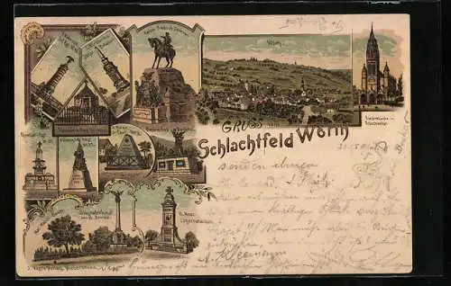 Lithographie Schlachtfeld Wörth, Denkmäler verschiedener Regimenter und Bataillone, Friedenskirche in Fröschweiler