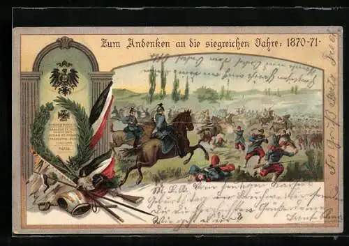 AK Reichseinigungskriege, Zum Andenken an die siegreichen Jahre 1870-71, Soldaten in der Schlacht im Passepartoutrahmen