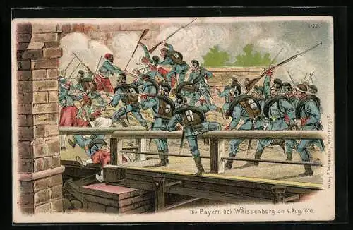 Lithographie Die Bayern bei Weissenburg am 04.08.1870, Reichseinigungskriege