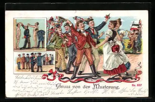 Lithographie Gruss von der Musterung, Soldatenhumor
