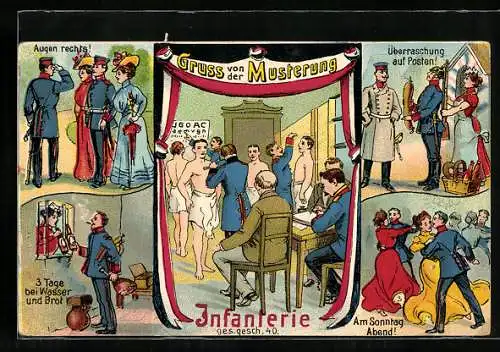 AK Gruss von der Musterung, Infanterie, Überraschung auf Posten, Gemessen