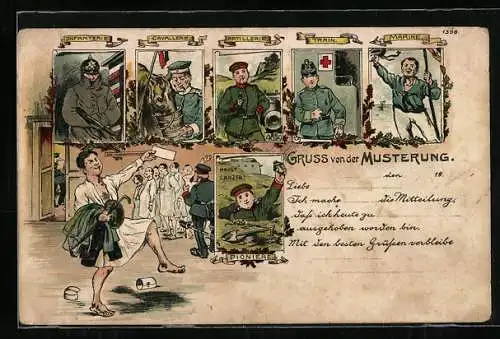 Lithographie Gruss von der Musterung, Infanterie, Cavalerie, Train