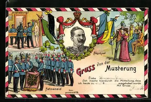 AK Gruss von der Musterung, Kaiser Wilhelm II., Aushebung, Fahneneid