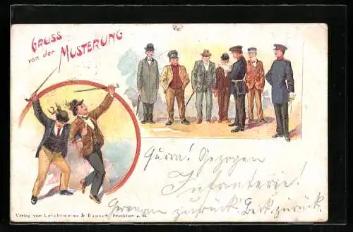 Lithographie Junge Männer melden sich zur Musterung, tanzende Männer, Gruss von der Musterung