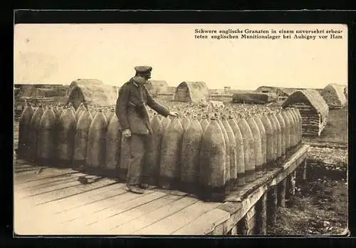 AK Schwere englische Granaten in einem unversehrt erbeuteten englischen Munitionslager bei Aubigny vor Ham