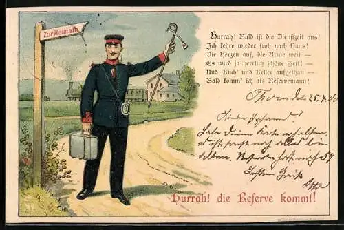 Lithographie Der Reservemann in Uniform am Wegweiser in die Heimat