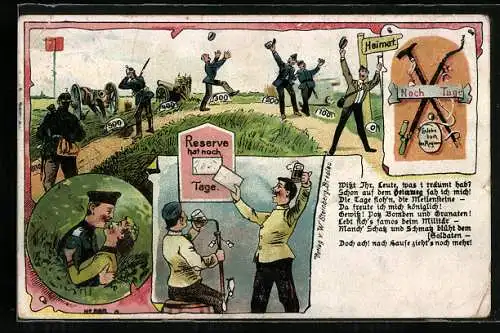 Lithographie Reserve at noch 99 Tage, Artilleristen freuen sich auf die Heimat