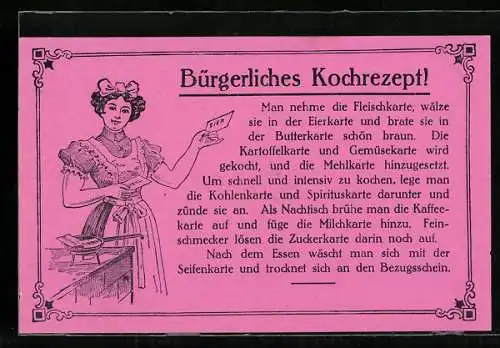 Künstler-AK Bürgerliches Kochrezept! Kriegsnot