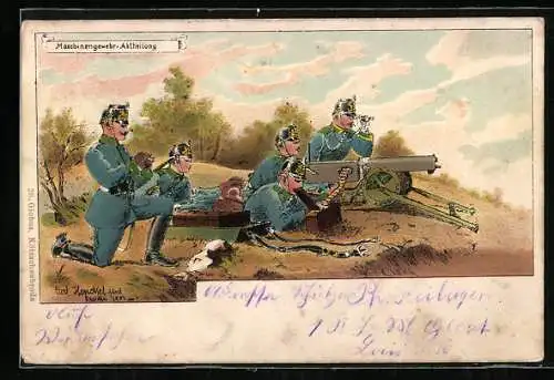 Lithographie Deutsche Maschinengewehr-Abteilung in Feuerstellung