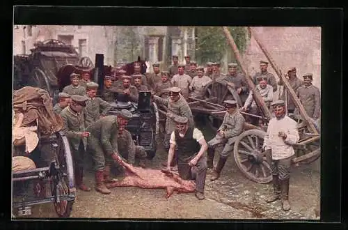 AK Schlachtfest vor der Feldküche, Fleischer & Soldaten schlachten ein Schwein