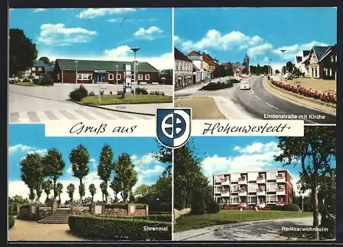 AK Hohenwestedt, Post, Ehrenmal, Lindenstrasse mit Kirche, Rentnerwohnheim und Wappen