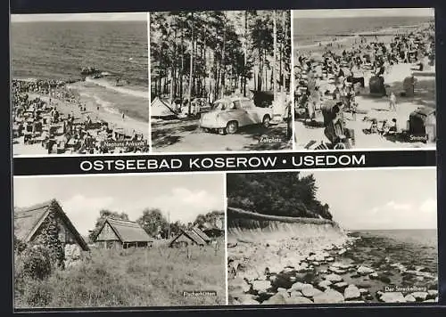 AK Koserow / Usedom, Neptuns Ankunft, Strand, Fischerhütten