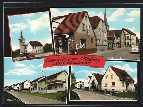 AK Poppenhausen-Kützberg, Kirche, Neues Viertel, Strassenansicht mit Rewe-Geschäft