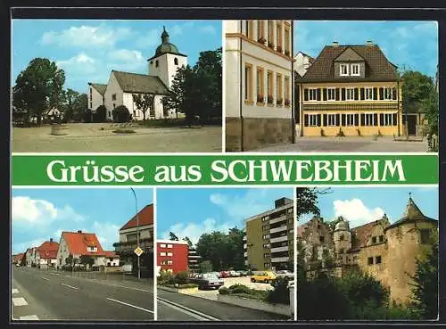 AK Schwebheim / Ufr., Strassenpartie mit Geschäft, Kirche, Burg