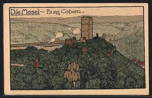 Steindruck-AK Cobern, Die Burg über der Mosel