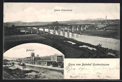 AK Guntershausen, Bahnhof, Grosse Fuldabrücke, Eisenbahn