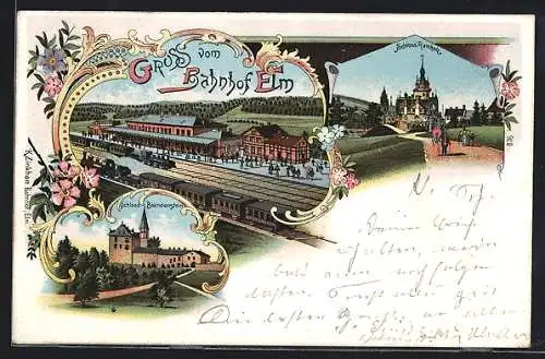 Lithographie Elm, Bahnhof mit Eisenbahn, Schloss Ramholz, Burg Brandenstein