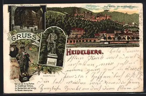 Lithographie Heidelberg, Schlossblick von der Kirschgasse, das grosse Fass & Scheffel-Denkmal