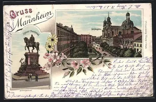 Lithographie Mannheim, Schillerplatz und Kaiserdenkmal