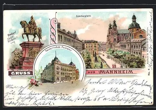 Lithographie Mannheim, Kaiserliches Postamt, Denkmal Kaiser Wilhelm I.