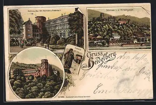 Lithographie Heidelberg, Schloss, Perkeo, Schloss von der Hirschgasse um 1900