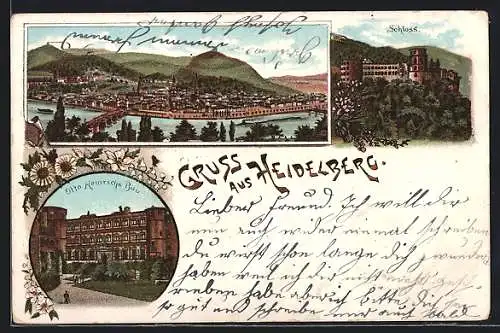 Lithographie Heidelberg, Schloss, Otto Heinrichs Bau, Totalansicht