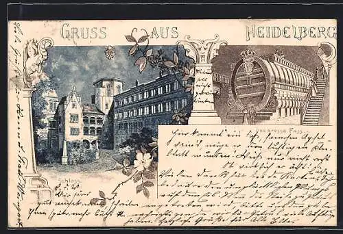 Lithographie Heidelberg, Das Schloss, das Grosse Fass