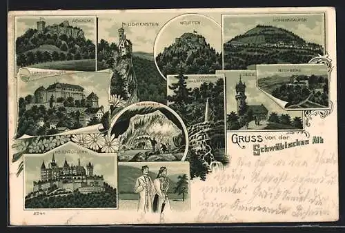 Lithographie Hechingen, Lichtenstein, Neuffen, Nebelhöhle, Hohenzollern, Tübinger Schloss, Uracher Wasserfall