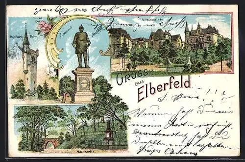 Lithographie Elberfeld, Victoriaplatz, Bismarck-Denkmal, Weyerbusch-Thurm, Hardpartie
