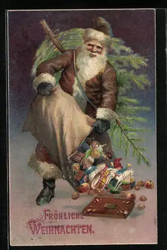 AK Weihnachtsmann kippt Geschenke aus, Tannenbaum