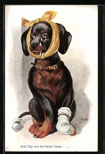 Künstler-AK Ulrich Weber: Acht Tage war der Dackel krank, vermenschlichte Tiere