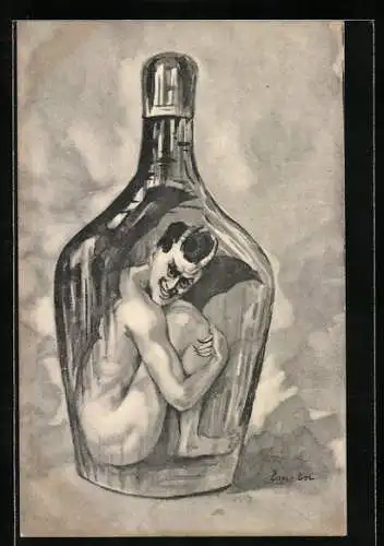 Künstler-AK Teufel in einer Flasche