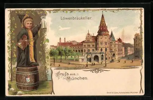 Lithographie München, Löwenbräu-Keller aus der Vogelschau und Münchner Kindl auf einem Fass