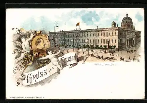 Lithographie Berlin, Königliches Schloss, Porträt des Kaisers Wilhelm II., Puttos