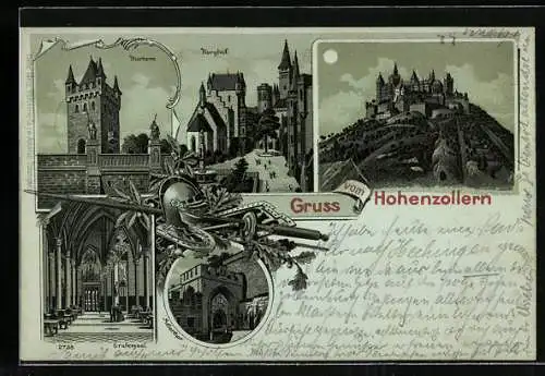 Mondschein-Lithographie Burg Hohenzollern, Thorturm, Grafensaal, Gesamtansicht