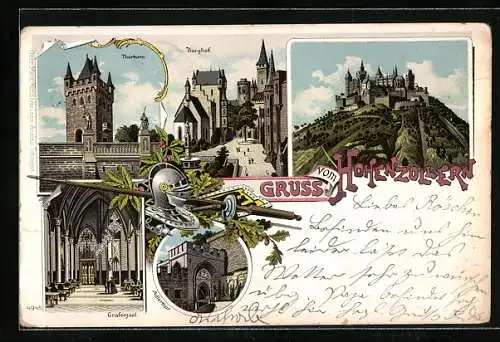 Lithographie Zimmern, Burg Hohenzollern, Torturm, der Burghof, das Adlertor