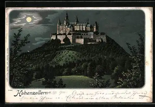 Mondschein-Lithographie Burg Hohenzollern, Gesamtansicht mit Umgebung