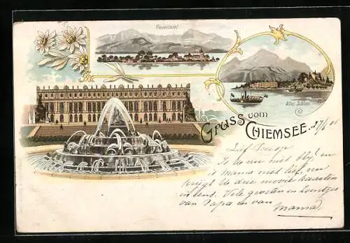 Lithographie Fraueninsel, Ortsansicht, altes Schloss