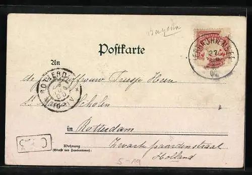 Lithographie Fraueninsel, Ortsansicht, altes Schloss