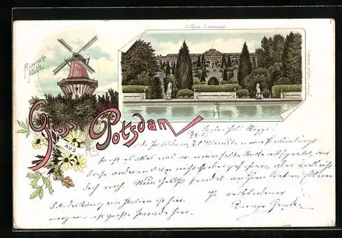 Lithographie Potsdam, Historische Mühle, Schloss Sanssouci