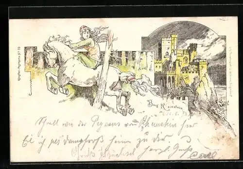 Lithographie Burg Reinstein, Reiterin auf einem Schimmel