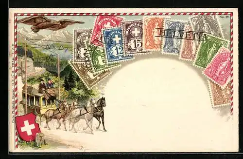 AK Briefmarken der Schweiz, Postkutsche in Fahrt, Wappen