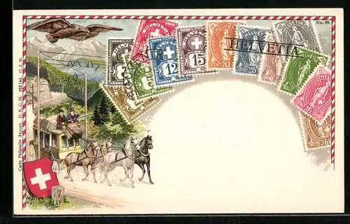 AK Briefmarken der Schweiz, Postkutsche in Fahrt, Wappen
