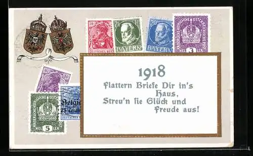 AK Flattern Briefe Dir ins Haus..., Briefmarken Bayerns und Österreichs, Wappen, 1918