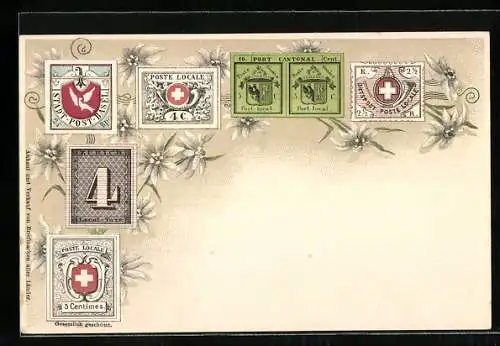 Lithographie Verschiedene Briefmarken der Schweiz, Edelweiss
