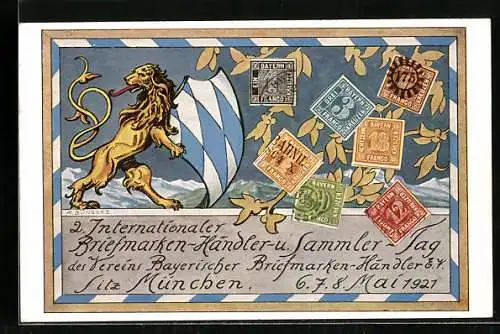 AK München, 2. Internationaler Briefmarken-Händler-Sammler-Tag, Mai 1921