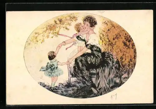Künstler-AK Dame mit zwei kleinen Mädchen in der Natur, Art Deco
