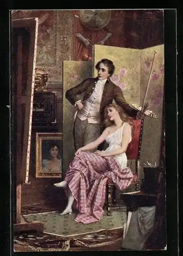 AK Maler mit seiner Muse im Atelier