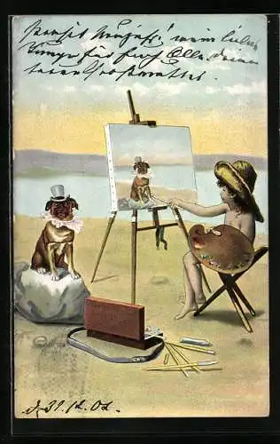 Künstler-AK Nackter Bube als Maler, Hund mit Hut steht Modell
